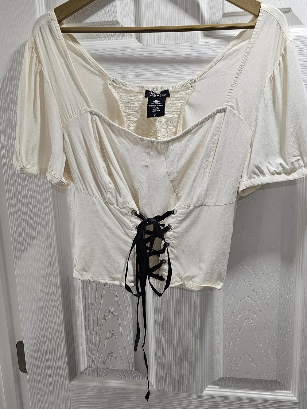 Free People Cream Lace-Up Short Sleeve Crop Top with Black Ties